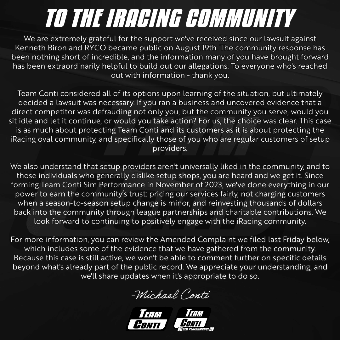 An Update Regarding Team Conti's Proceedings Against RYCO - Team Conti Sim Performance
