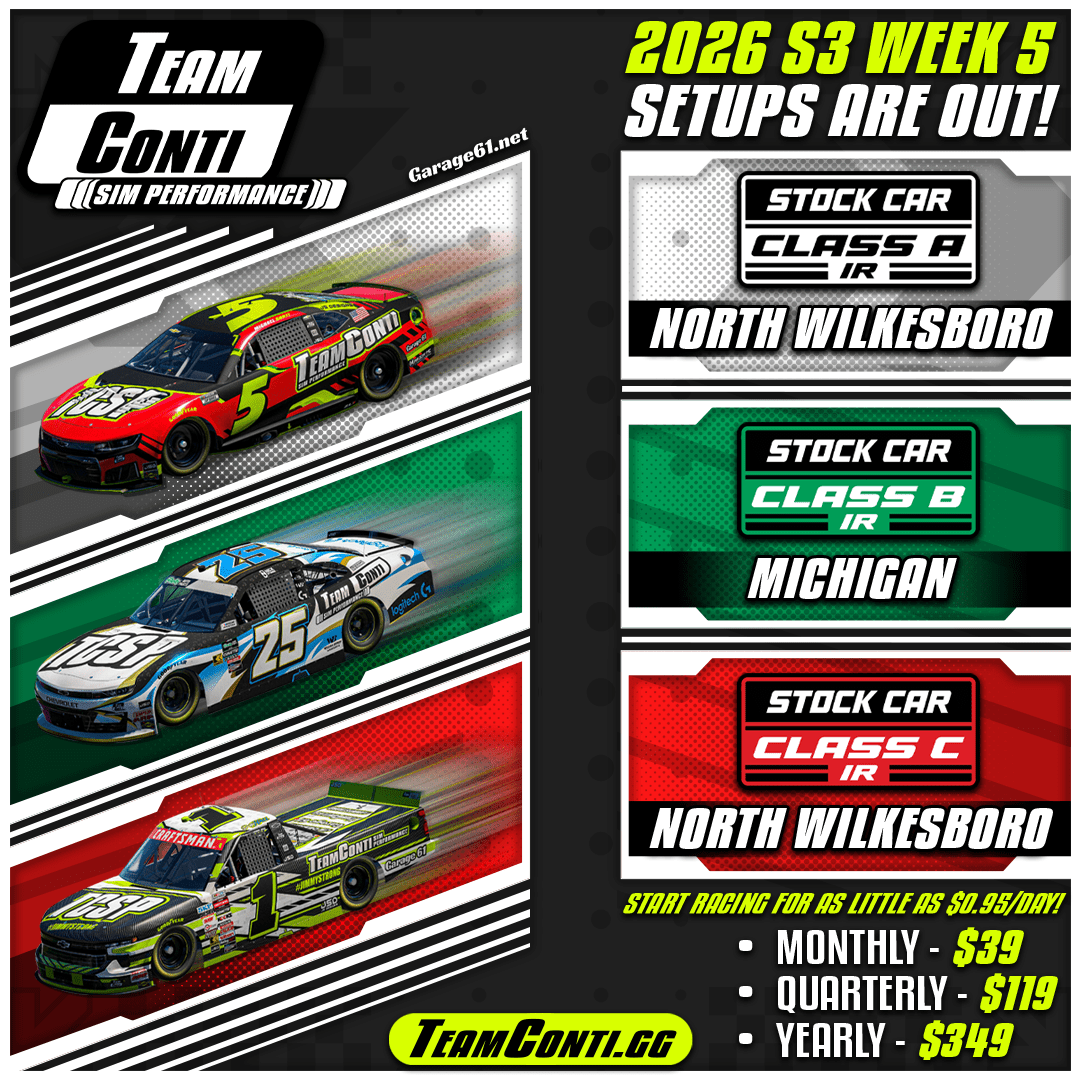 iRacing Season 3 Week 5 Setups Available: North Wilkesboro & Michigan - Team Conti Sim Performance
