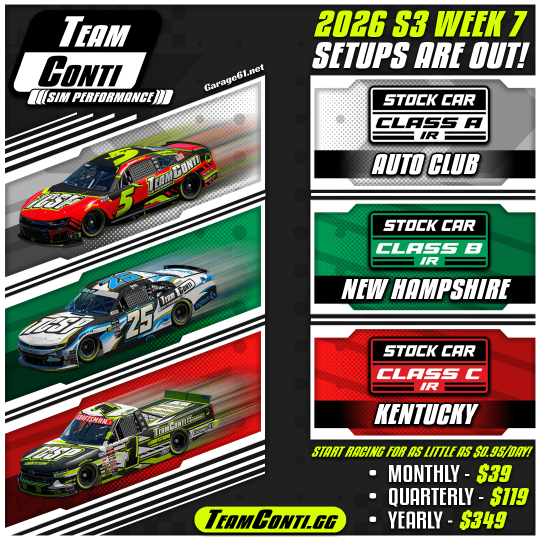 iRacing Season 3 Week 7 Setups Available: Auto Club, New Hampshire and Kentucky! - Team Conti Sim Performance