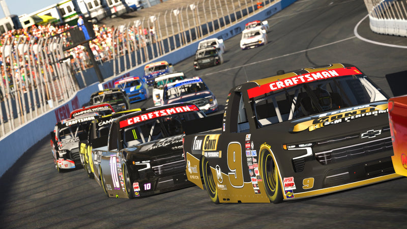 Load image into Gallery viewer, Group of NASCAR Craftsman Trucks at Kern County on iRacing. Team Conti Sim Performance
