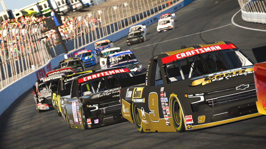 Group of NASCAR Craftsman Trucks at Kern County on iRacing. Team Conti Sim Performance